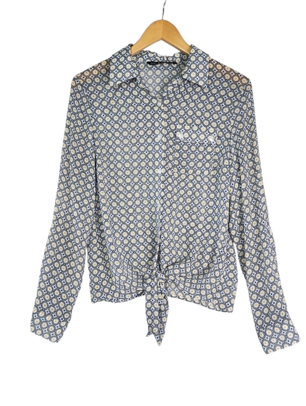 Zac & Rachel Long Sleeve Tie Front Blouse Medium Blue Geometric Tile Print